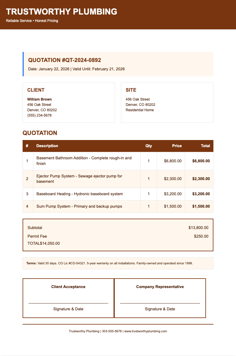 Reliable brown plumbing quotation